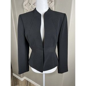 Tahari Black Blazer Petite Size 8P With Unique Metal Closure Pinstripe Structure